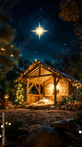 vertical image of a traditional nativity scene with a bright star above a stable in a peaceful night, suitable for mobile phone