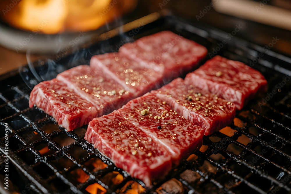 Grilled wagyu steak sizzling on the BBQ, ideal for food lovers . illustration Grilled wagyu steak sizzling on the BBQ, ideal for food lovers . illustration