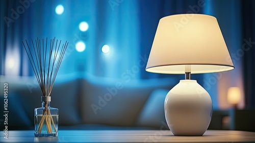 A welcoming home interior at night showcases a lamp, a vase with reeds, and a soothing atmosphere near a comfortable sofa