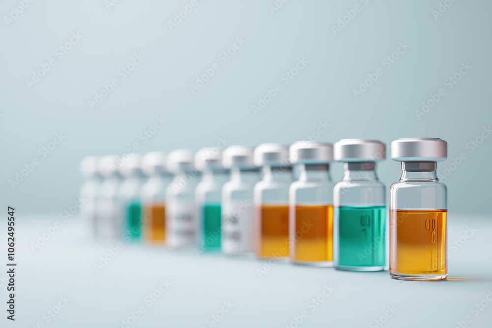 Vials of vaccine in various colors lined up, representing health and travel medicine. These vials symbolize importance of vaccination and health safety Vials of vaccine in various colors lined up, representing health and travel medicine. These vials symbolize importance of vaccination and health safety