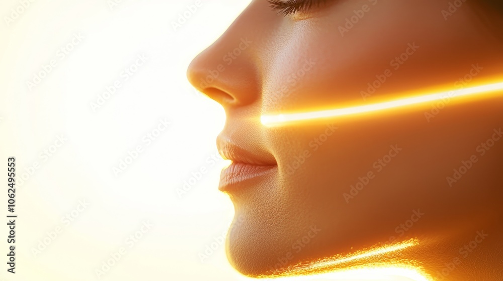Profile of a woman's face bathed in warm light, golden lifting lines enhance her cheekbones and jawline, illustrating futuristic anti-aging skincare treatments Profile of a woman's face bathed in warm light, golden lifting lines enhance her cheekbones and jawline, illustrating futuristic anti-aging skincare treatments
