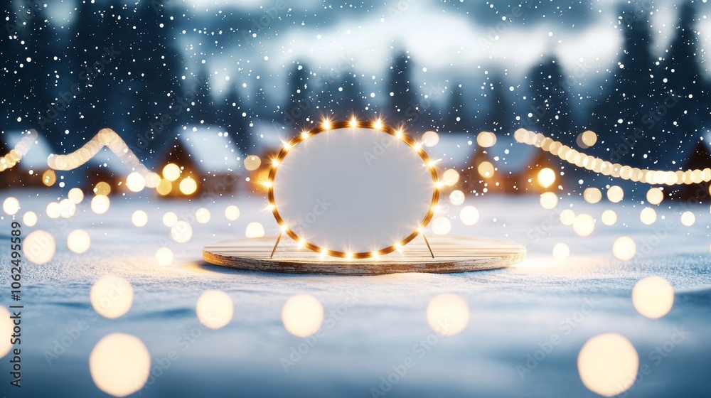 Fototapeta premium Dreamy Christmas village, snowflakes twirling, empty billboard in the middle, surrounded by holiday decor, festive lights, magical winter setting, advertising space