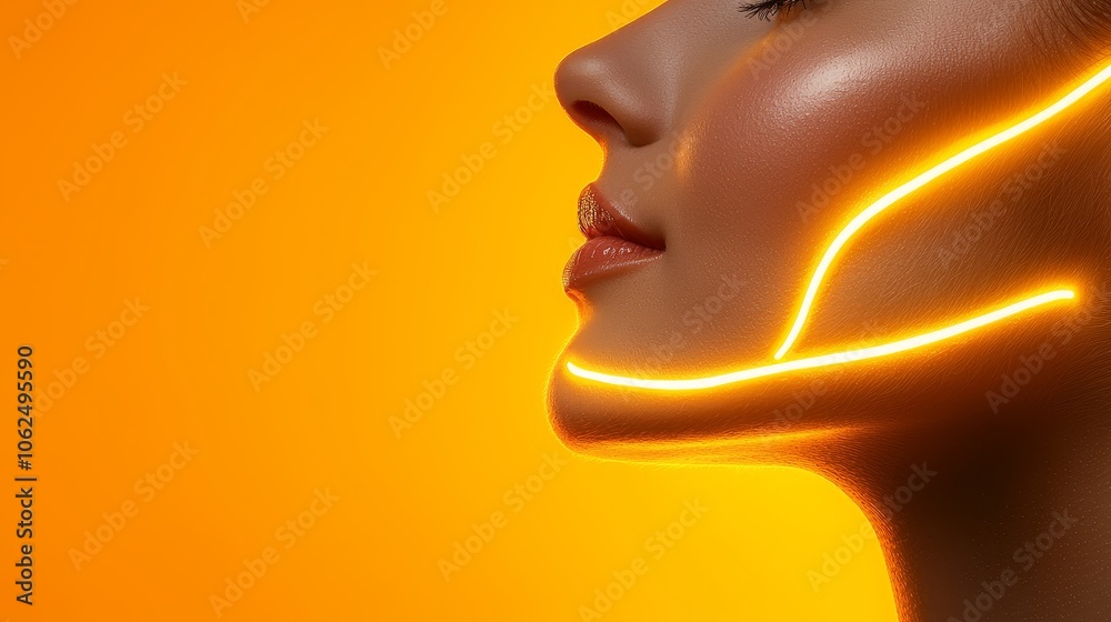 Profile view of a woman's face with glowing, golden skin-lifting lines accentuating her cheekbones and jaw, bathed in warm light, illustrating anti-aging beauty Profile view of a woman's face with glowing, golden skin-lifting lines accentuating her cheekbones and jaw, bathed in warm light, illustrating anti-aging beauty