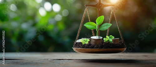 weighing scale balances coins and plants, symbolizing value, sustainability, and growth. image highlights connection between nature and finance photo