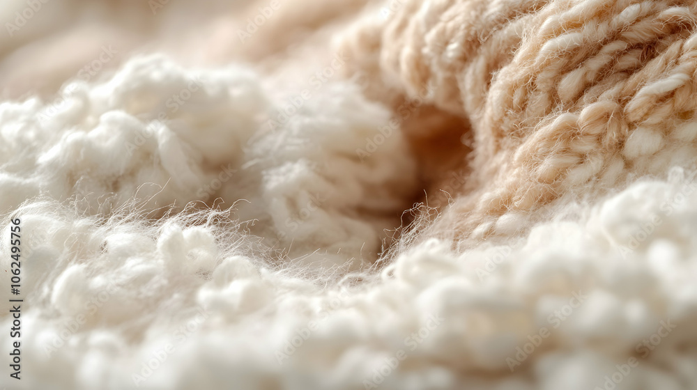 Macro shot of beige and white wool knitted fabric with emphasis on texture . illustration