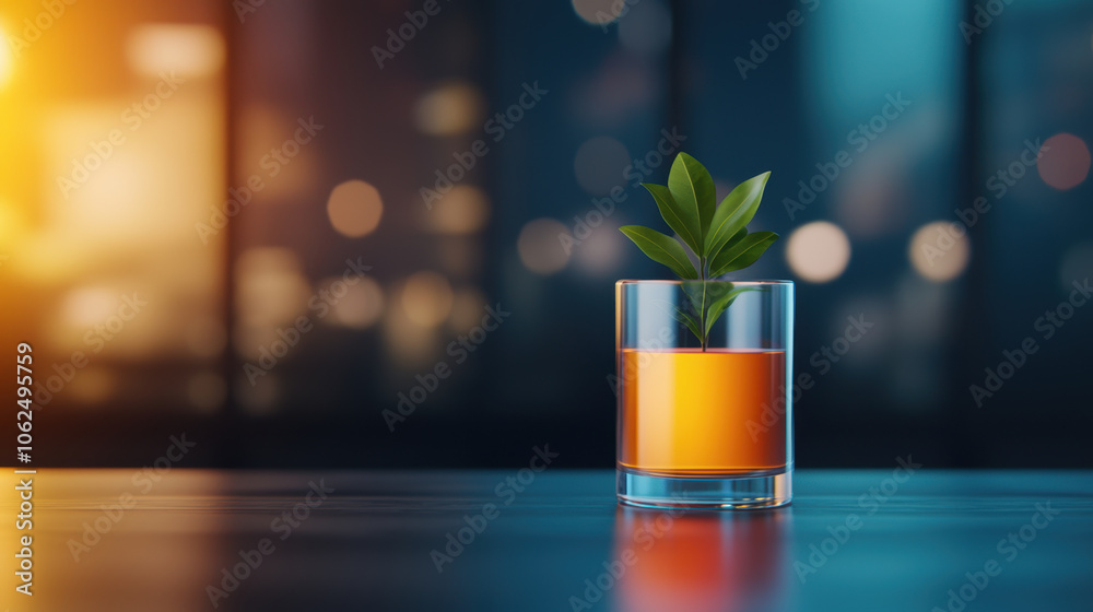 vibrant green plant in glass container filled with orange liquid, set against blurred cityscape background. scene conveys modern and refreshing atmosphere vibrant green plant in glass container filled with orange liquid, set against blurred cityscape background. scene conveys modern and refreshing atmosphere
