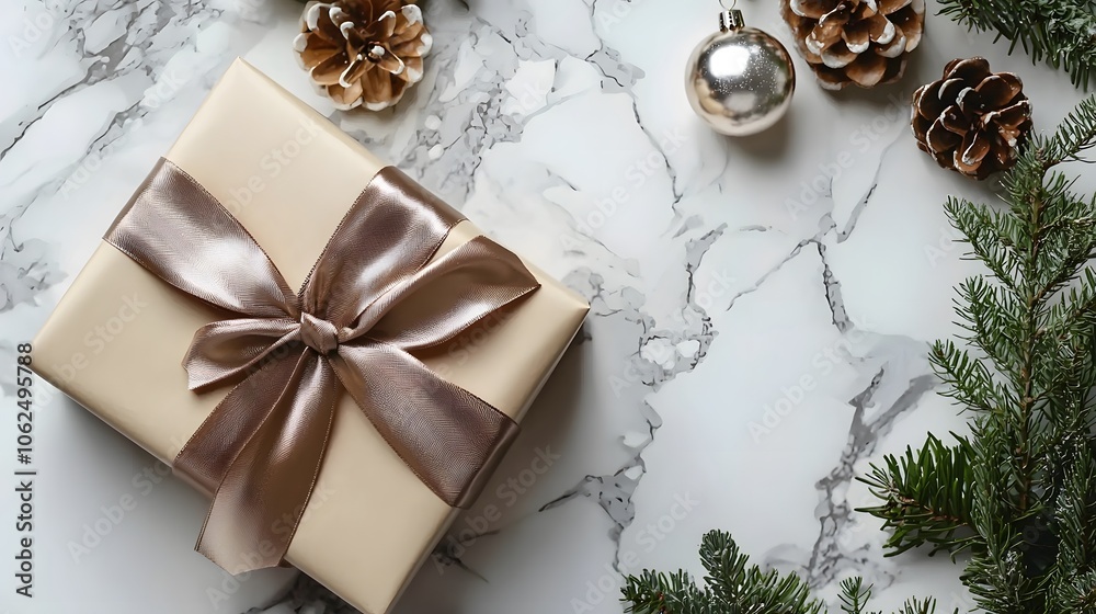 Festive Gift Box with Pine Branches and Ornament on Marble Background