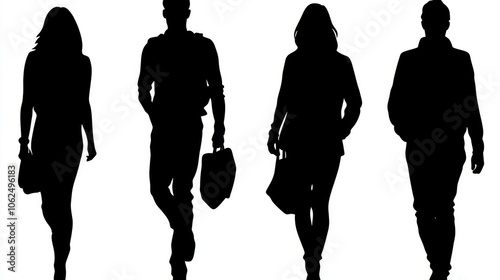 This image features four silhouetted figures walking, each carrying bags, set against a plain white background, capturing movement and anonymity in modern life.