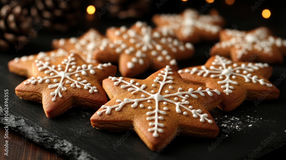 Close-up of homemade gingerbread cookies in the shape of stars with white snowflake icing. Close-up of homemade gingerbread cookies in the shape of stars with white snowflake icing.