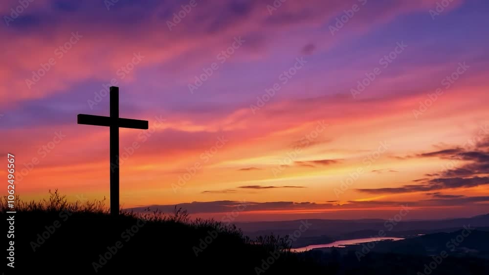 Lone cross stands silhouetted against a vibrant sunset sky, symbolizing faith and hope in a serene landscape Lone cross stands silhouetted against a vibrant sunset sky, symbolizing faith and hope in a serene landscape