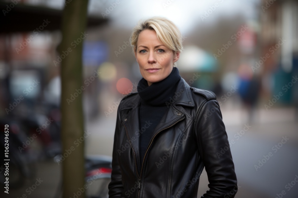 blond woman wearing a black leather jacket on a city street. blond woman wearing a black leather jacket on a city street.
