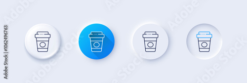 Takeaway coffee line icon. Neumorphic, Blue gradient, 3d pin buttons. Hot latte cup sign. Tea drink mug symbol. Line icons. Neumorphic buttons with outline signs. Vector