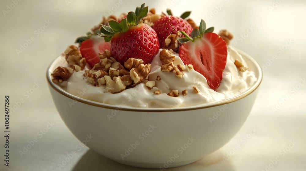 Bowl of creamy yogurt topped with fresh strawberries and chopped nuts, creating a healthy and delicious breakfast or snack option Bowl of creamy yogurt topped with fresh strawberries and chopped nuts, creating a healthy and delicious breakfast or snack option