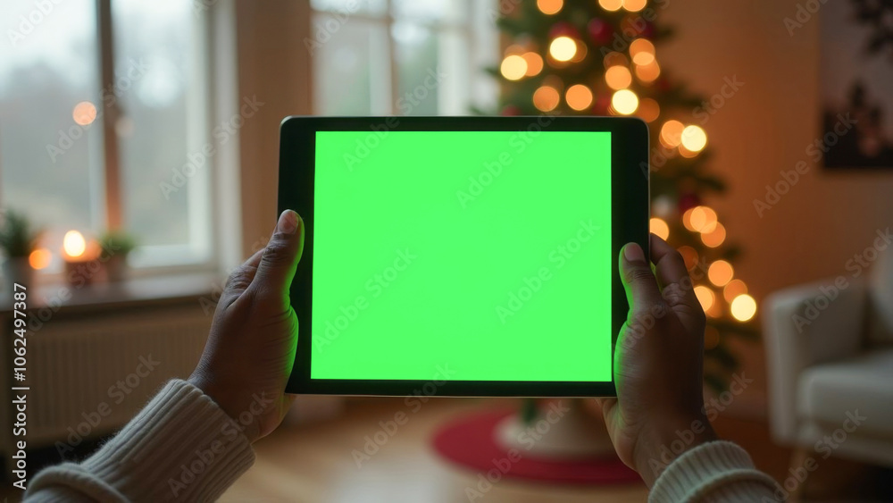 close-up of an African American man's hand holding a tablet with a green chroma key screen against the background of a Christmas tree. blurred background with space for text close-up of an African American man's hand holding a tablet with a green chroma key screen against the background of a Christmas tree. blurred background with space for text