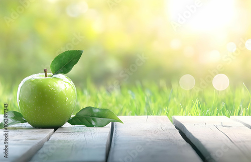 A single green apple with water drops rests on a weathered wooden surface.  The background features blurred greenery and sunshine. photo