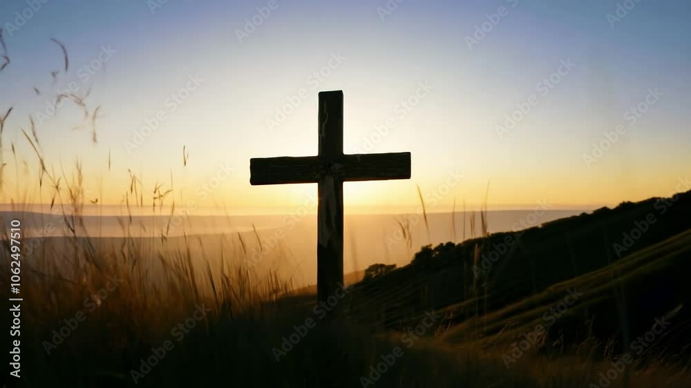 Tall grass sways in the wind while a cross silhouette stands against a vibrant sunset, creating a serene and peaceful scene Tall grass sways in the wind while a cross silhouette stands against a vibrant sunset, creating a serene and peaceful scene
