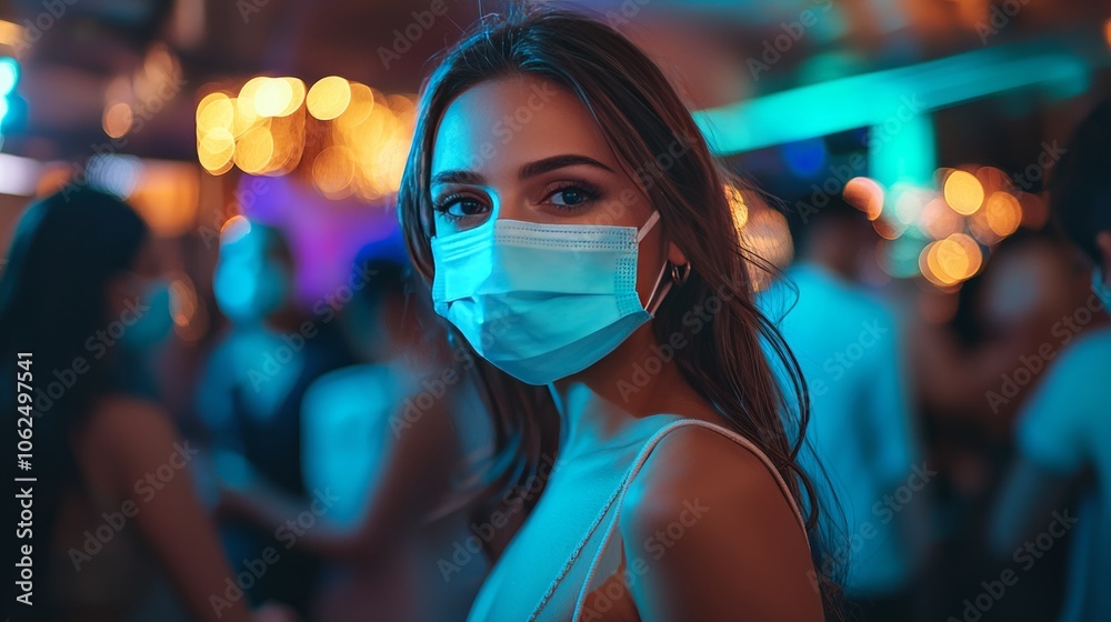 Young Woman in Mask at a Vibrant Social Gathering Young Woman in Mask at a Vibrant Social Gathering