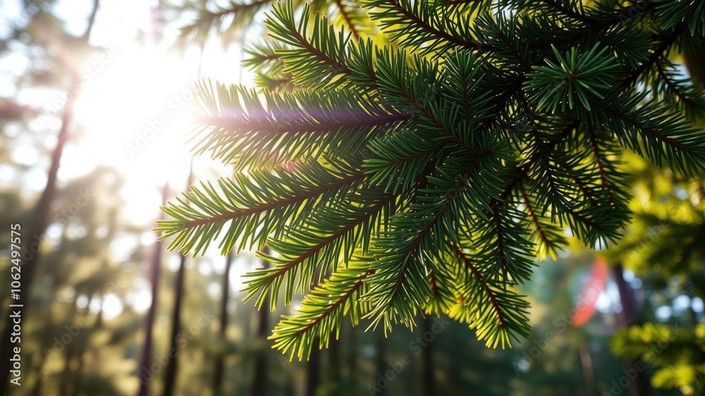 Fototapeta premium A close-up shot of a lush pine-tree oak branch covered in vibrant green leaves, under the golden sunlight of a peaceful forest setting, sunlight, close-up