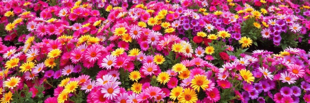 Fototapeta premium A vibrant flowerbed bursting with colorful blooms in shades of pink, purple, and yellow, creating a stunning display of natural beauty, flowerbed, beauty