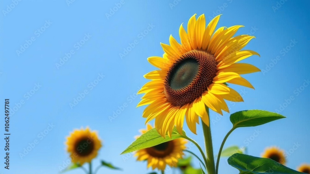 A vibrant sunflower standing tall against a clear blue sky, its yellow petals reaching towards the sun, plant, seasonal