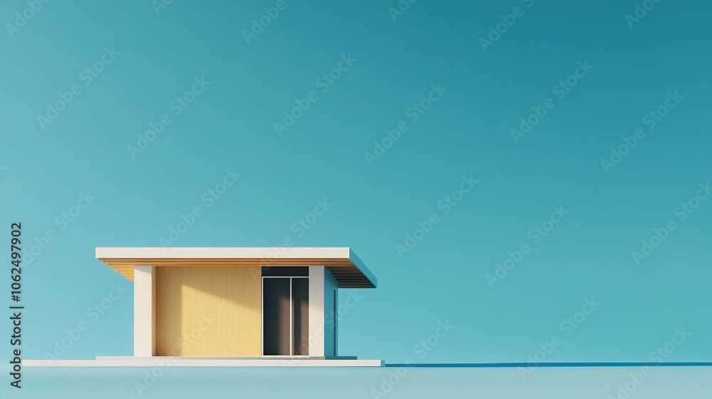 A charming 3D illustration of a small house set against a vibrant blue background, showcasing a simple yet delightful design. The house features a colorful façade, with a cozy entrance, A charming 3D illustration of a small house set against a vibrant blue background, showcasing a simple yet delightful design. The house features a colorful façade, with a cozy entrance,