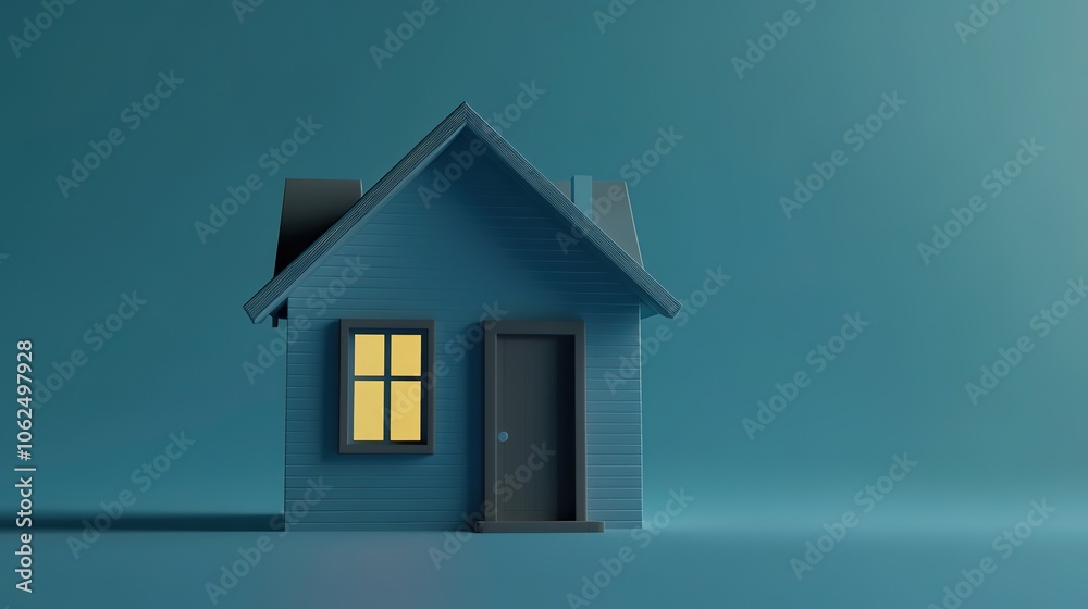 A charming 3D illustration of a small house set against a vibrant blue background, showcasing a simple yet delightful design. The house features a colorful façade, with a cozy entrance, A charming 3D illustration of a small house set against a vibrant blue background, showcasing a simple yet delightful design. The house features a colorful façade, with a cozy entrance,