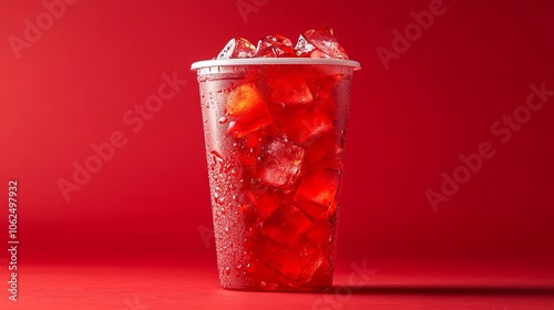 Red soft drink with ice cubes in a clean, transparent takeaway cup, set against a vivid red background that exudes energy and simplicity, designed to stand out