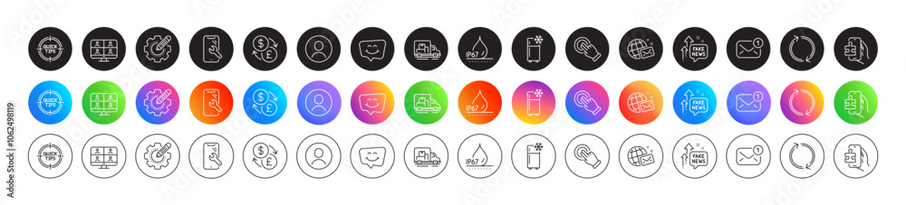 Puzzle game, New message and Smile chat line icons. Round icon gradient buttons. Pack of Refresh, Refrigerator, Headshot icon. Touchscreen gesture, Truck transport, Tips pictogram. Vector Puzzle game, New message and Smile chat line icons. Round icon gradient buttons. Pack of Refresh, Refrigerator, Headshot icon. Touchscreen gesture, Truck transport, Tips pictogram. Vector