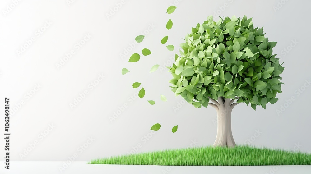 Fototapeta premium A detailed 3D rendering of a vibrant tree adorned with lush green leaves, showcasing a realistic trunk texture and intricate branching. The leaves are bright and full, capturing sunlight in a way 