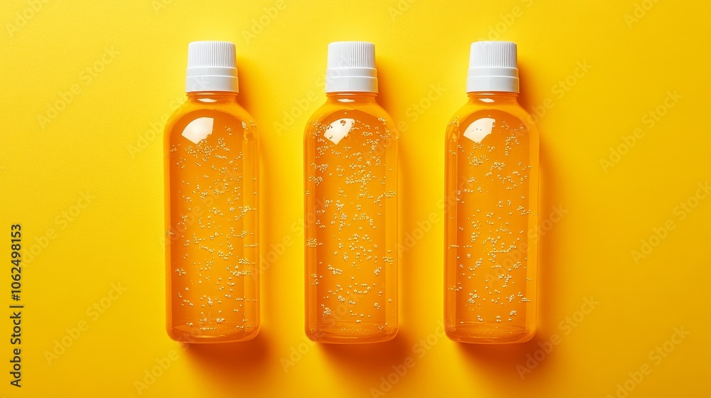 Set of three orange plastic bottles, glowing on a radiant yellow backdrop, conveying energy, refreshment, and hydration for fitness-focused people Set of three orange plastic bottles, glowing on a radiant yellow backdrop, conveying energy, refreshment, and hydration for fitness-focused people