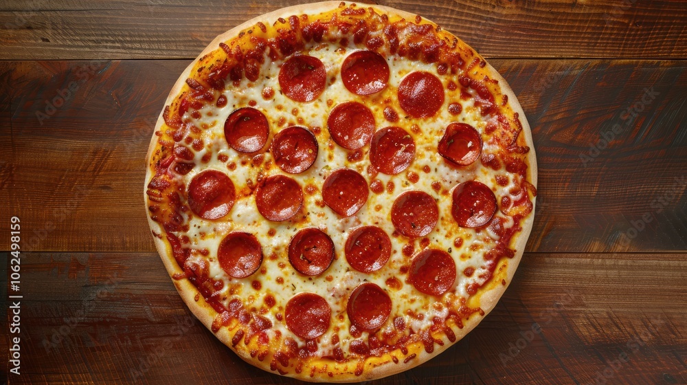 Freshly Baked Pepperoni and Cheese Pizza on Table, Top View Freshly Baked Pepperoni and Cheese Pizza on Table, Top View