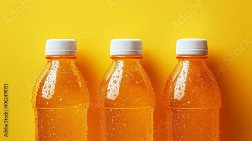 Set of three orange plastic bottles, glowing on a radiant yellow backdrop, conveying energy, refreshment, and hydration for fitness-focused people photo