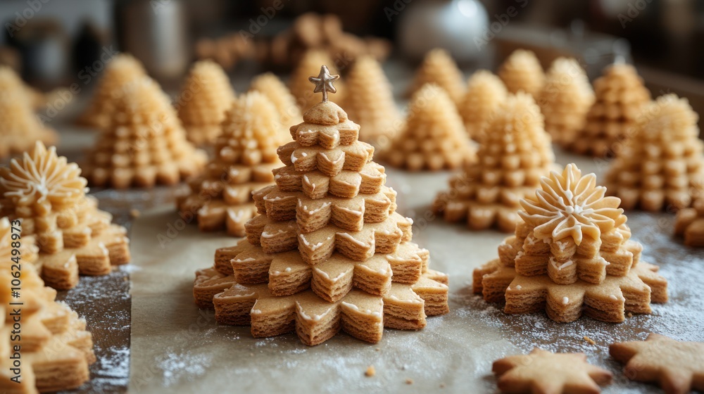 Fototapeta premium A row of gingerbread cookies shaped like Christmas trees on a table, decorated with white frosting and a star on top.