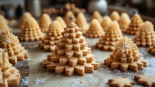 A row of gingerbread cookies shaped like Christmas trees on a table, decorated with white frosting and a star on top.