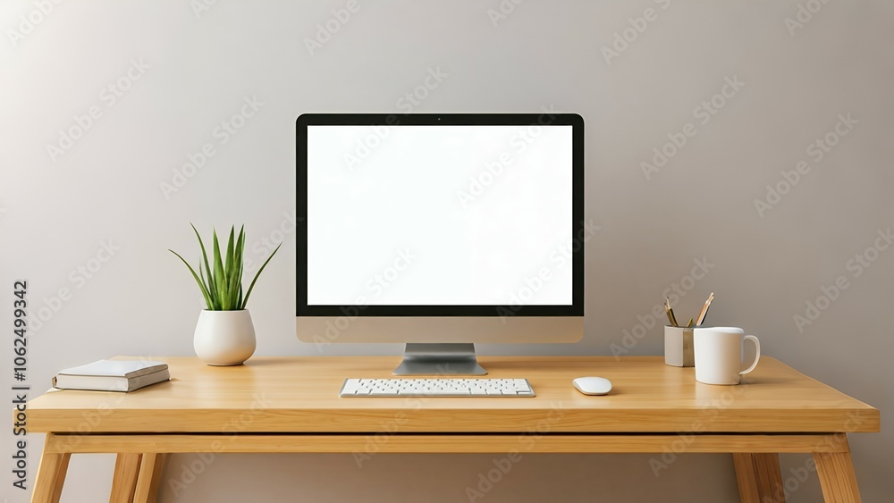 A clean workspace with a blank screen monitor, plant, notebook, smartphone, and coffee mug. A clean workspace with a blank screen monitor, plant, notebook, smartphone, and coffee mug.