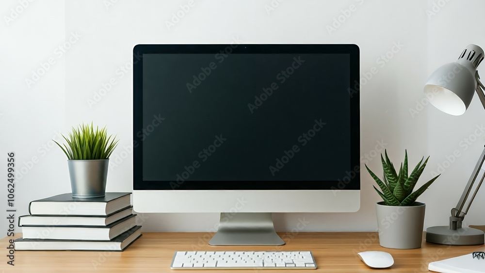 Modern workspace with a desktop computer, plants, books, and a desk lamp. Modern workspace with a desktop computer, plants, books, and a desk lamp.
