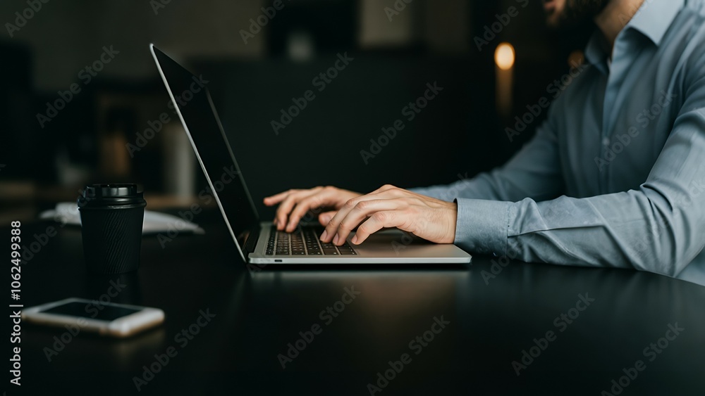A person in a blue shirt typing on a laptop at a dark desk with a smartphone beside. A person in a blue shirt typing on a laptop at a dark desk with a smartphone beside.