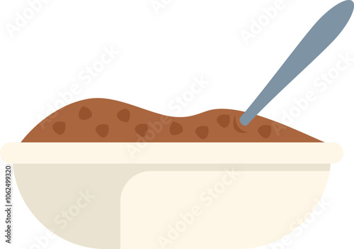 Simple vector illustration of a white bowl filled with a brown substance with a spoon sticking out of it