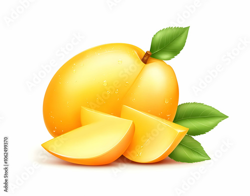 A whole yellow mango with two slices isolated on a white background with green leaves.