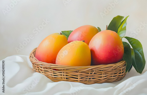 A wicker basket filled with four ripe mangoes, resting on a white cloth.