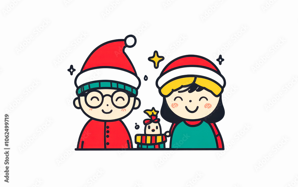 Two children in Christmas hats smiling with a gift, festive cheer. Two children in Christmas hats smiling with a gift, festive cheer.