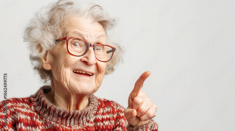 Elderly woman smiling and pointing in a cozy sweater Elderly woman smiling and pointing in a cozy sweater
