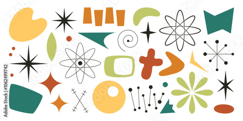 Mid century shapes, starburst, molecule nuclear, atomic age space colorful isolated retro set