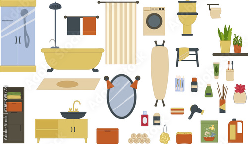 A set of bathroom items. Shower cabin and bathtub, towels and toiletries. Sink and toilet, mirror with lighting. Ironing board, laundry basket, soap and candles. Potted flowers and fragrance. Vector