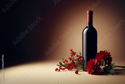 Bottle of red wine beside red flowers, minimalist logo, sharp black tones, luxury style, romantic setting, deblurred, ideal for sales listing, wrapped thermal background, photo