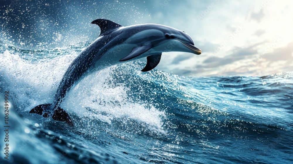 Fototapeta premium Playful dolphin mid-leap, vivid turquoise waves below, sunlight glinting on water droplets, expansive clear sky adding a touch of vastness