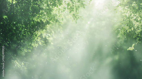 緑の葉と光が差し込む幻想的な風景 photo