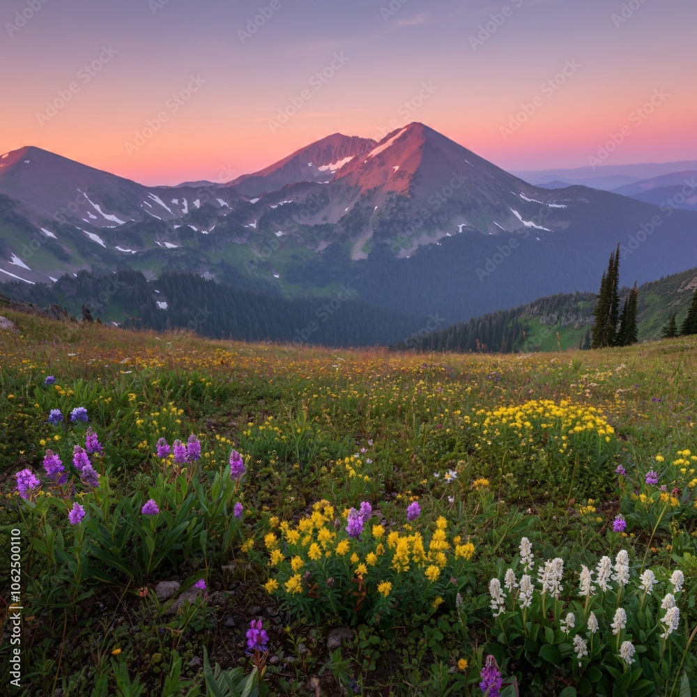 Fototapeta premium Serene mountain meadow dotted with wildflowers under a pastel pink dawn sky