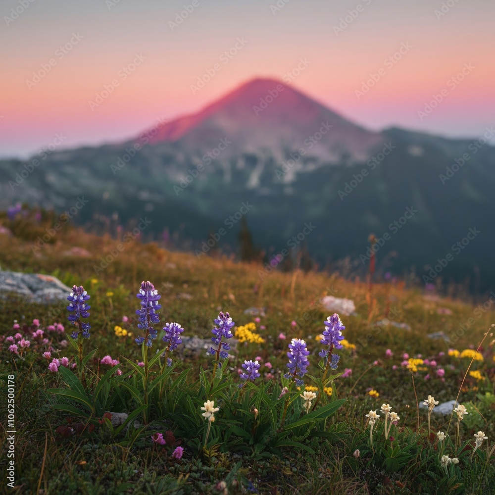 Obraz premium Serene mountain meadow dotted with wildflowers under a pastel pink dawn sky