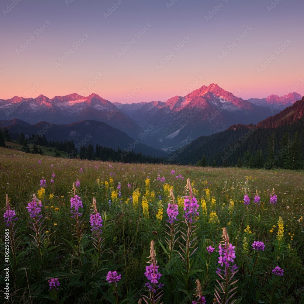Obraz premium Serene mountain meadow dotted with wildflowers under a pastel pink dawn sky
